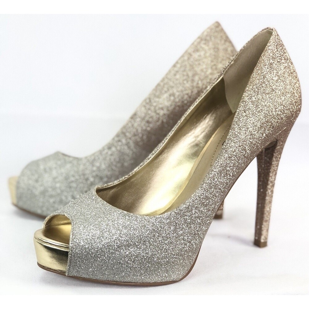 Guess peep toe pumps high heels 6 1/2 Gold/silver Glitter WG patches 4 1/2 Heels
